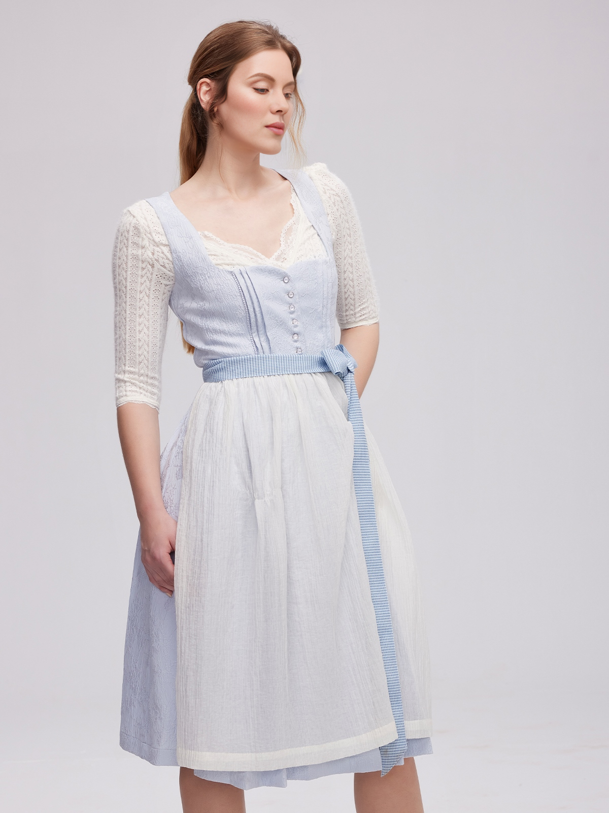 Gelb Dirndl mit blauer Schürze